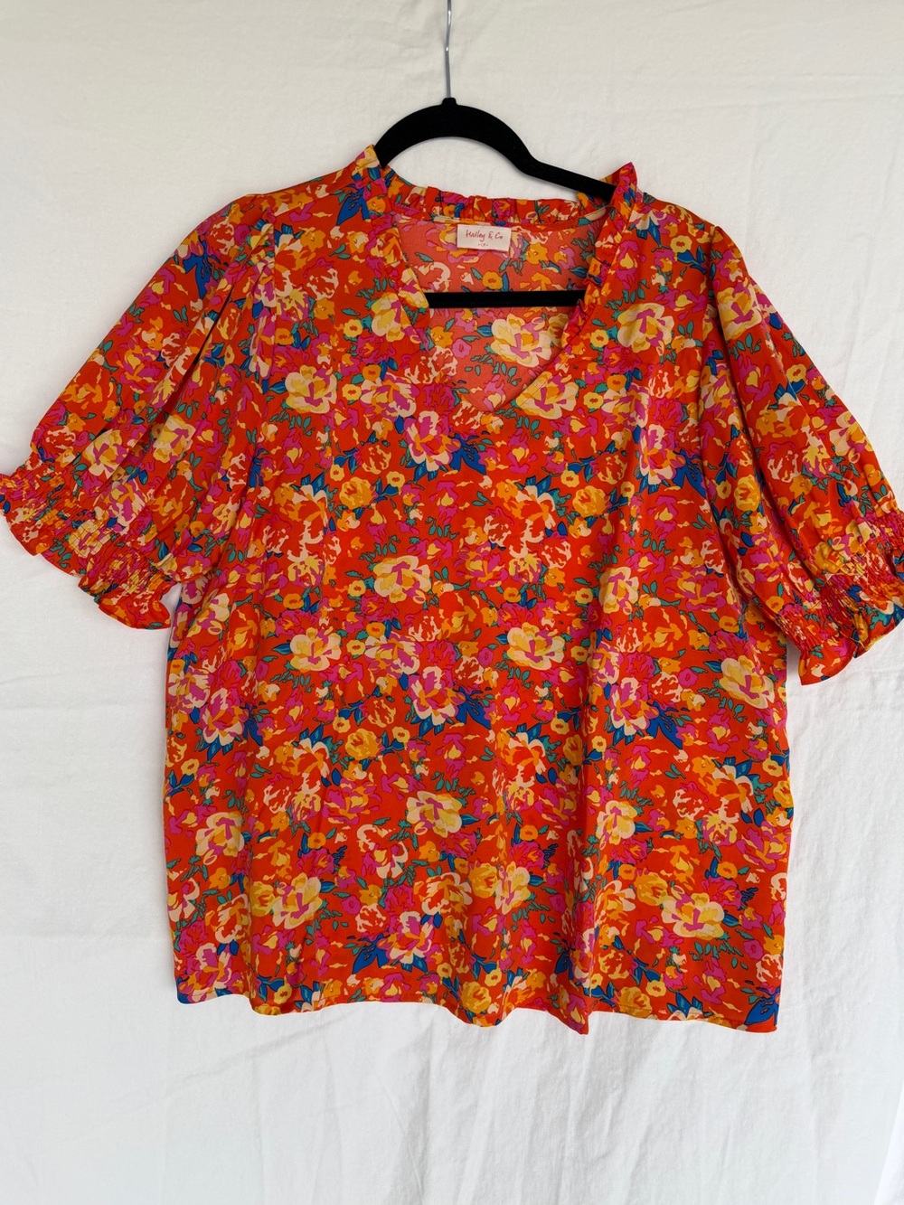 Hailey & Co Bright orange Floral V-Neck Puff Sleeve Blouse 1X